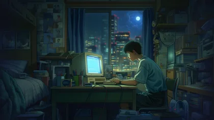 A boy at a CRT surrounded by idol posters