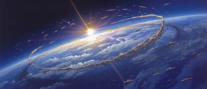 Sunrise over a planet with a golden ring